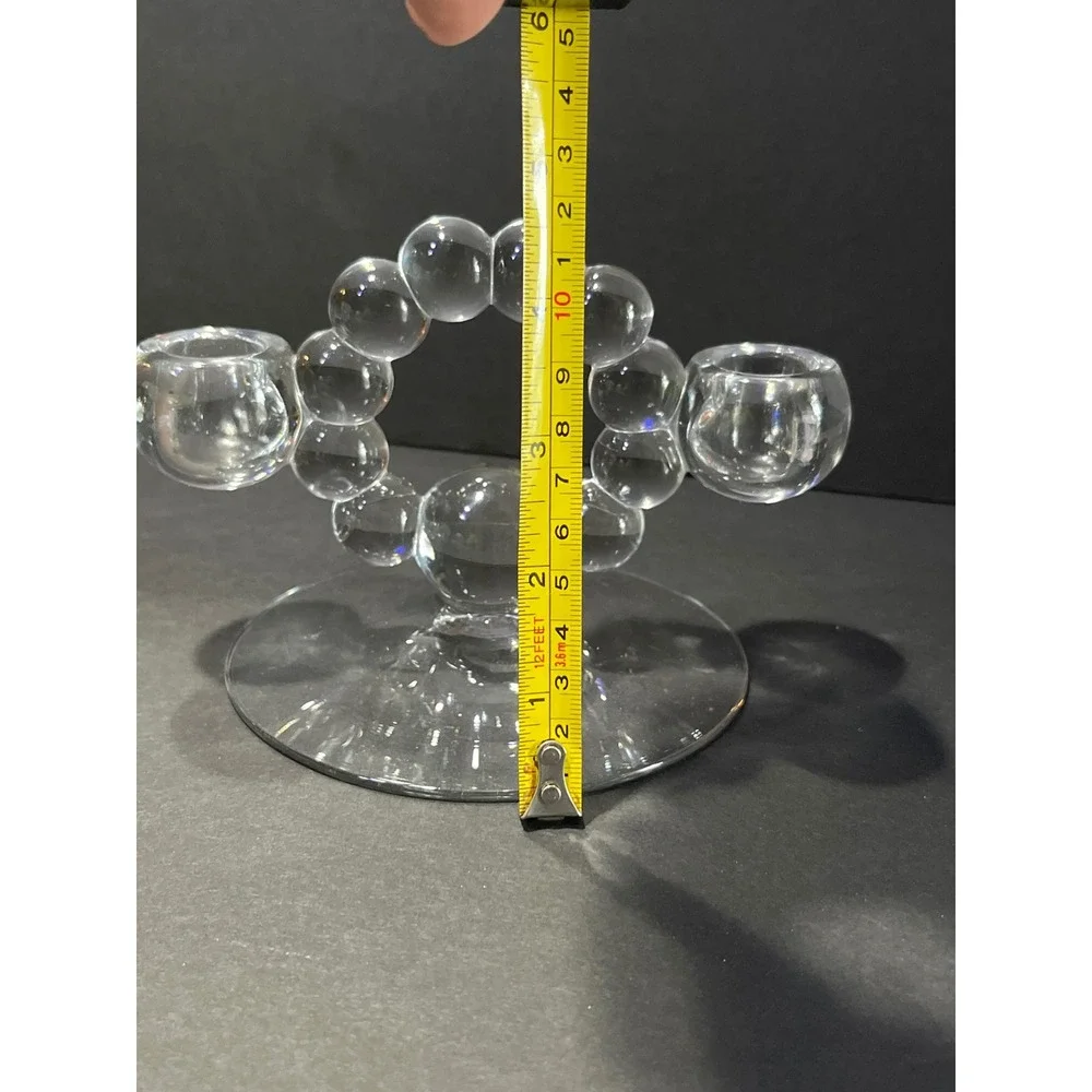 Vntg Clear Glass Bubble Ring Double Taper Candle Holders Pair Mid Century Style